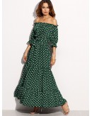 Polka Dot Bardot Neckline Tie Waist Dress