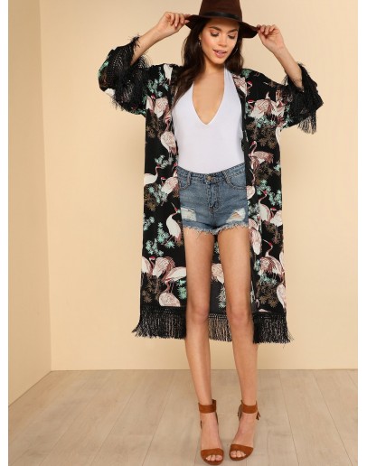 Crane Bird Print Fringe Trim Kimono
