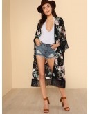 Crane Bird Print Fringe Trim Kimono