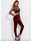 Pearl Detail Velvet Leggings