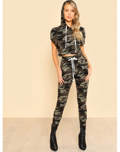 Camo Crop Hoodie Utility Tee &amp; Skinny Sweatpants Set