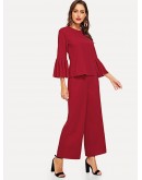 Mock-Neck Flounce Sleeve Top and Palazzo Pants Set