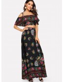 Flounce Layered Neck Floral Top &amp; Skirt Set