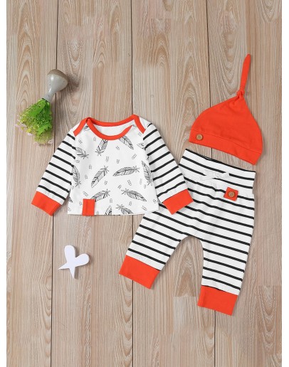 Baby Feather And Stripe Print Tee &amp; Pants &amp; Hat